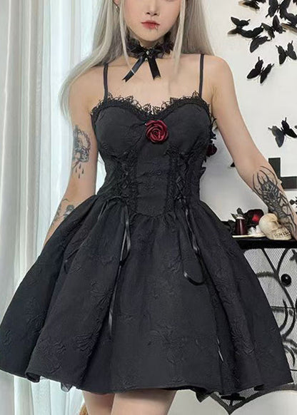 New Black Lace High Waist Patchwork Cotton Mid Dress Sleeveless YT031