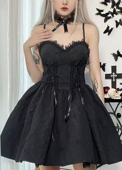 New Black Lace High Waist Patchwork Cotton Mid Dress Sleeveless YT031