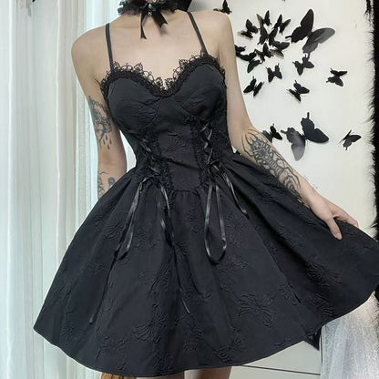 New Black Lace High Waist Patchwork Cotton Mid Dress Sleeveless YT031