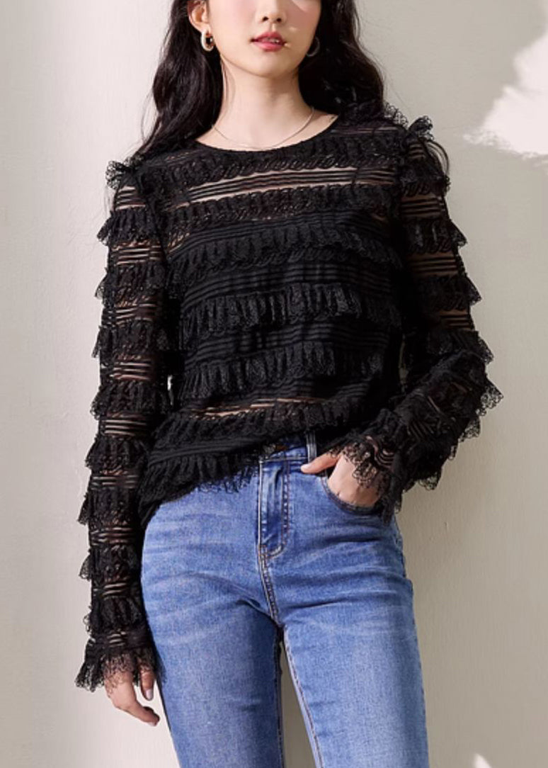 New Black O Neck Solid Lace Top Long Sleeve KK052