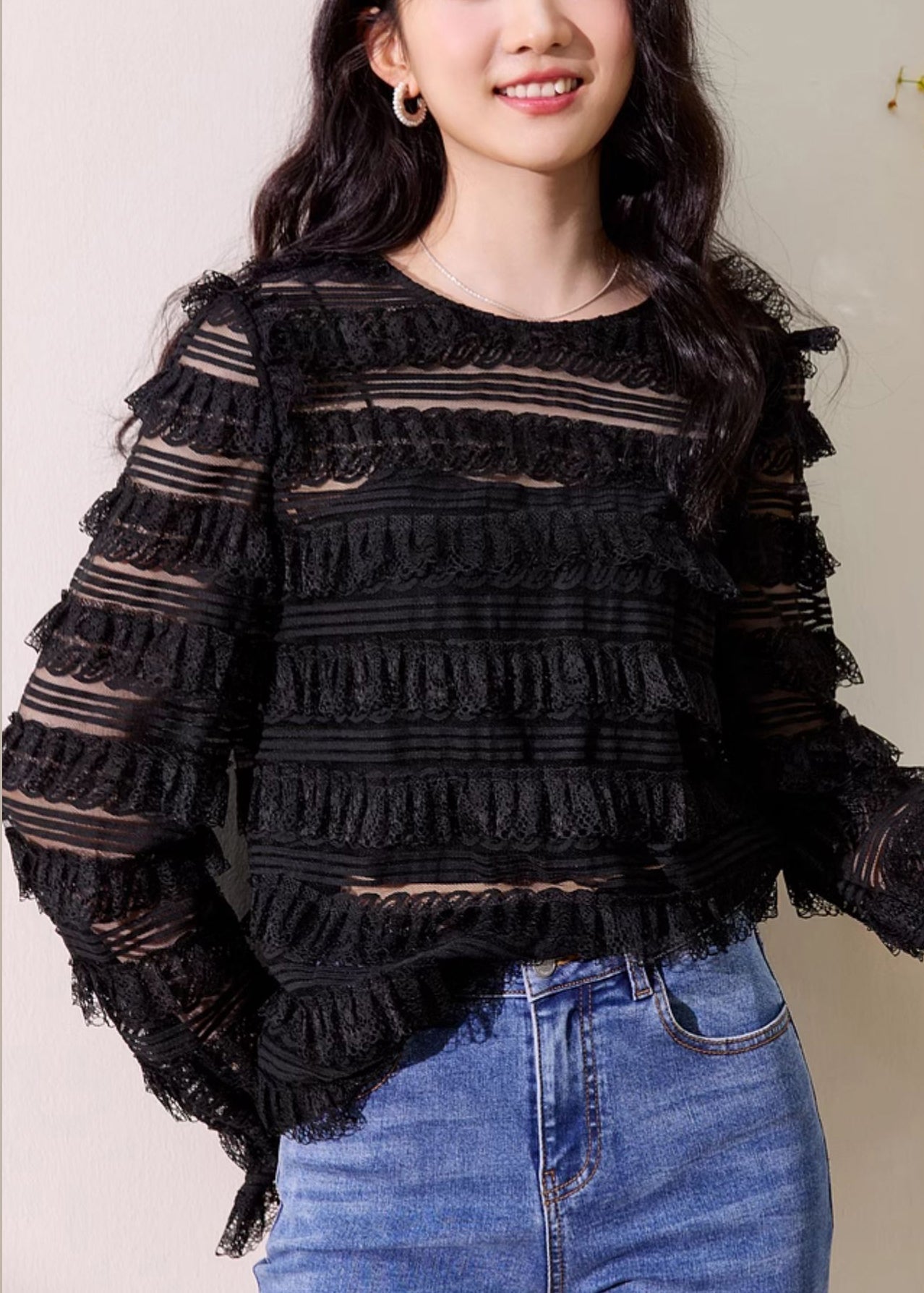 New Black O Neck Solid Lace Top Long Sleeve KK052