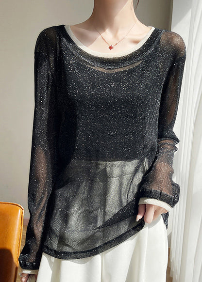 Shirts Summer T Black New Patchwork O Neck Tulle Thin