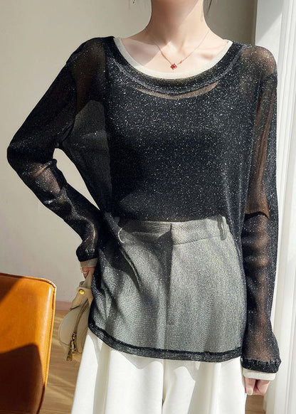 Shirts Summer T Black New Patchwork O Neck Tulle Thin