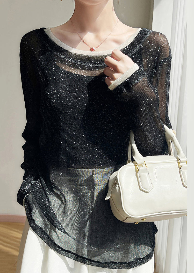 Shirts Summer T Black New Patchwork O Neck Tulle Thin