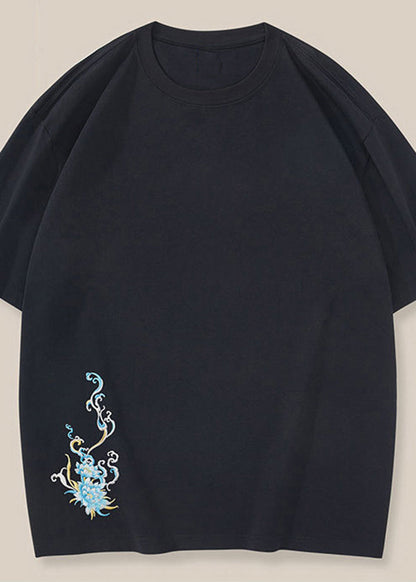 New Oriental Summer Shirt Cotton Black T Embroideried Mens