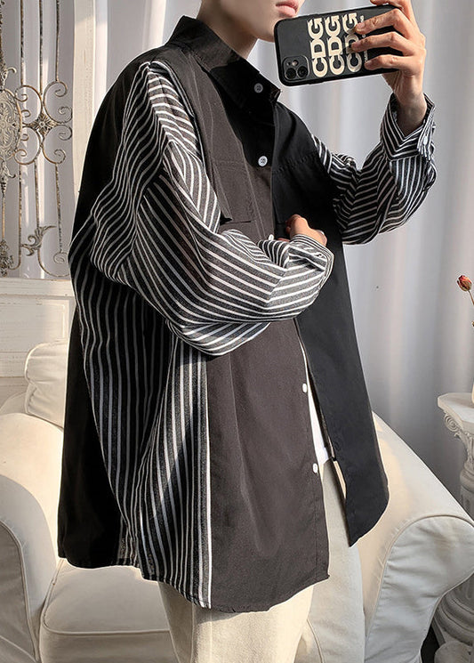 Patchwork New Shirts Pan Peter Cotton Black Collar Striped Mens