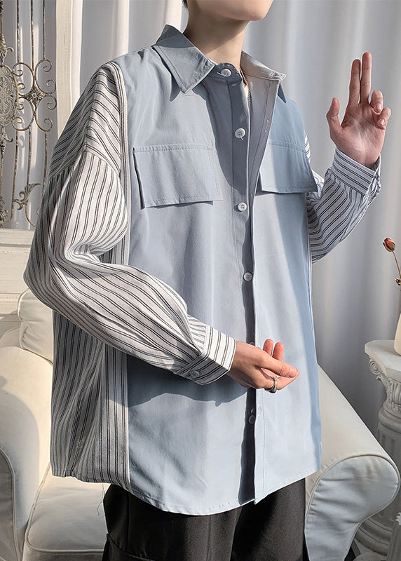 Patchwork New Shirts Pan Peter Cotton Black Collar Striped Mens