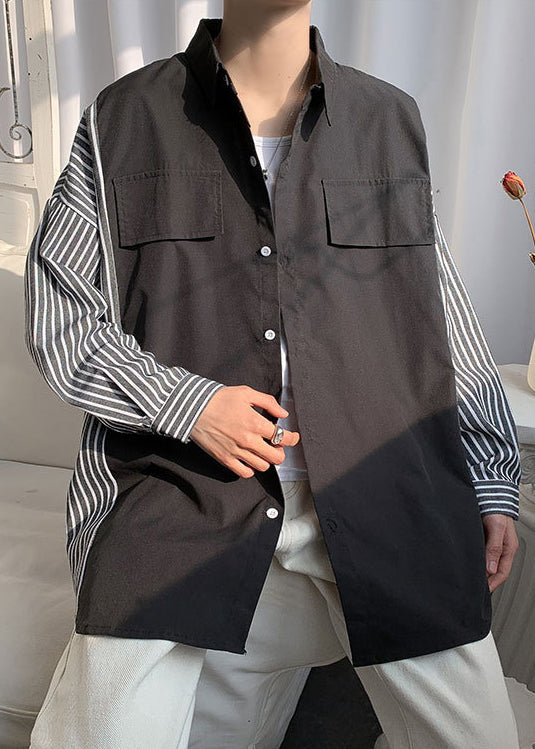 Patchwork New Shirts Pan Peter Cotton Black Collar Striped Mens