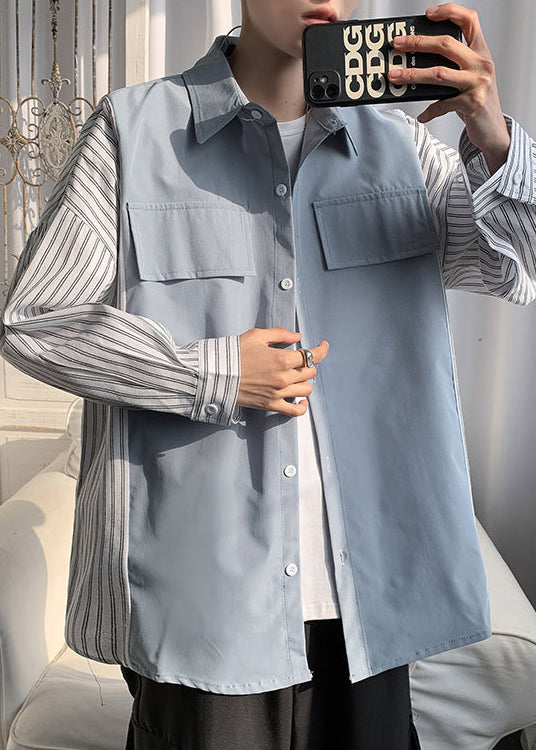 Patchwork New Shirts Pan Peter Cotton Black Collar Striped Mens