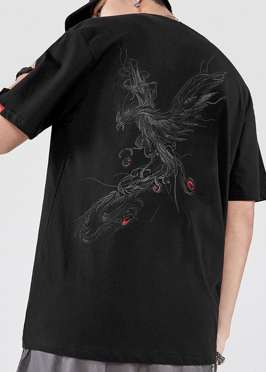 Black Men T New Phoenix Cotton Shirt Embroideried Summer