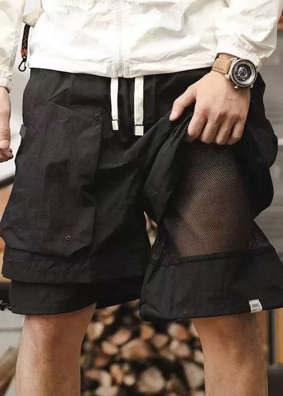 New Cotton Patchwork Pockets Mens Pieces Two Shorts Black False