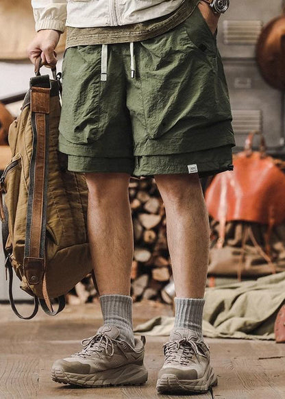 New Cotton Patchwork Pockets Mens Pieces Two Shorts Black False