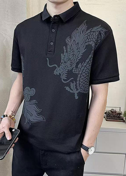 Summer Cotton Black Print Men Button New Polo Shirt