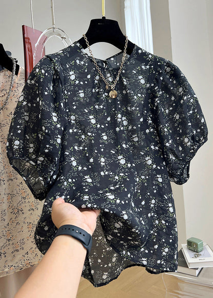 Summer New Button Print Shirt Black Cotton
