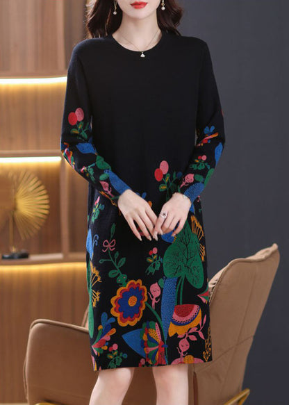 New Black Print Side Open Wool Knit Dress Long Sleeve TB002