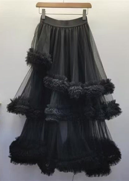 Black Tulle Ruffled Waist Summer Skirt Elastic New