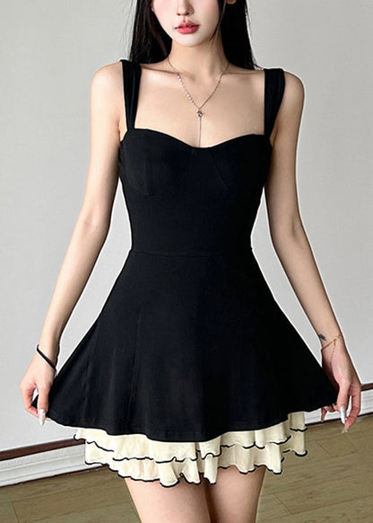 Tulle Spaghetti Solid Cotton New Black Dresses Strap Patchwork