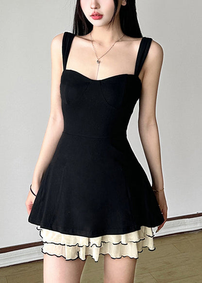 Tulle Spaghetti Solid Cotton New Black Dresses Strap Patchwork