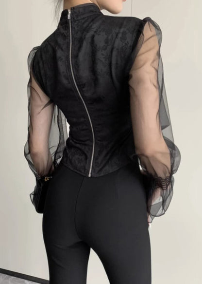 New Black Stand Collar Button Tulle Patchwork Shirt Fall AL1031