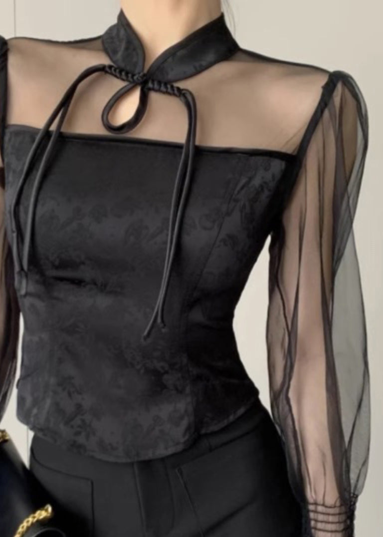 New Black Stand Collar Button Tulle Patchwork Shirt Fall AL1031