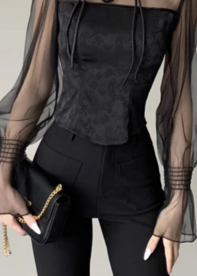 New Black Stand Collar Button Tulle Patchwork Shirt Fall AL1031