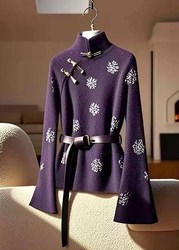 New Black Stand Collar Print Button Cotton Top Flare Sleeve TY006