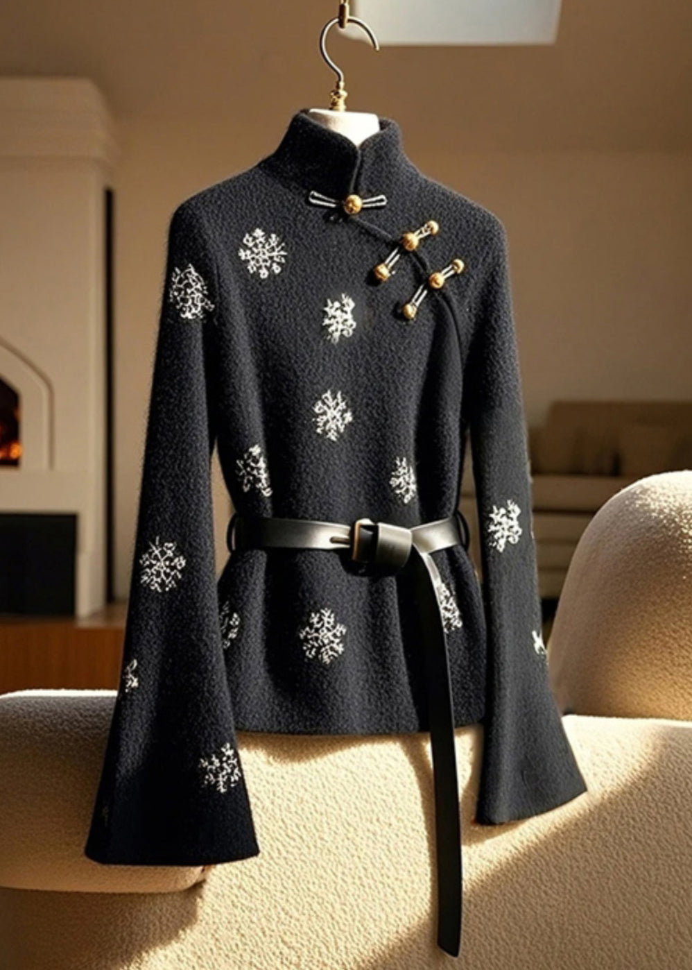 New Black Stand Collar Print Button Cotton Top Flare Sleeve TY006