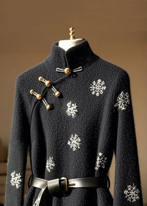 New Black Stand Collar Print Button Cotton Top Flare Sleeve TY006