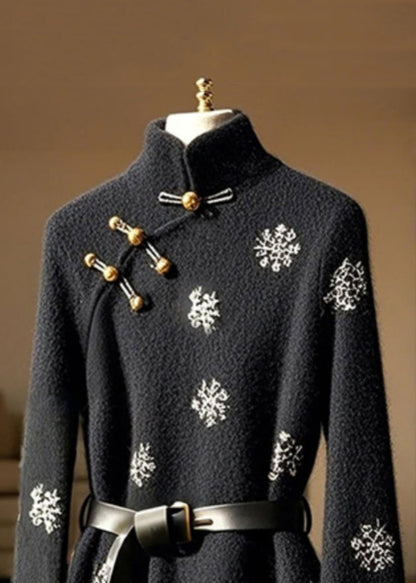 New Black Stand Collar Print Button Cotton Top Flare Sleeve TY006