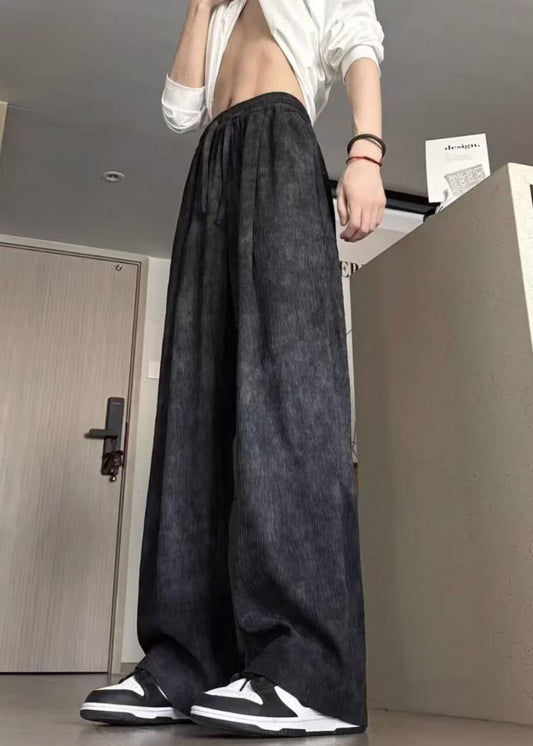 Elastic Men Dye Cotton Waist Black Summer Pants Tie New