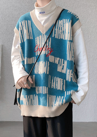 New Black V Neck Cozy Patchwork Knit Mens Vest Sleeveless RJ030