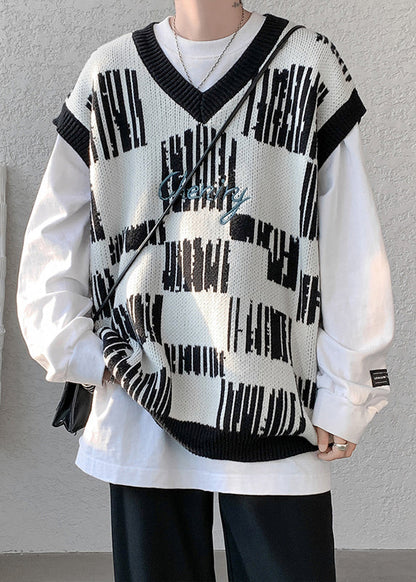 New Black V Neck Cozy Patchwork Knit Mens Vest Sleeveless RJ030