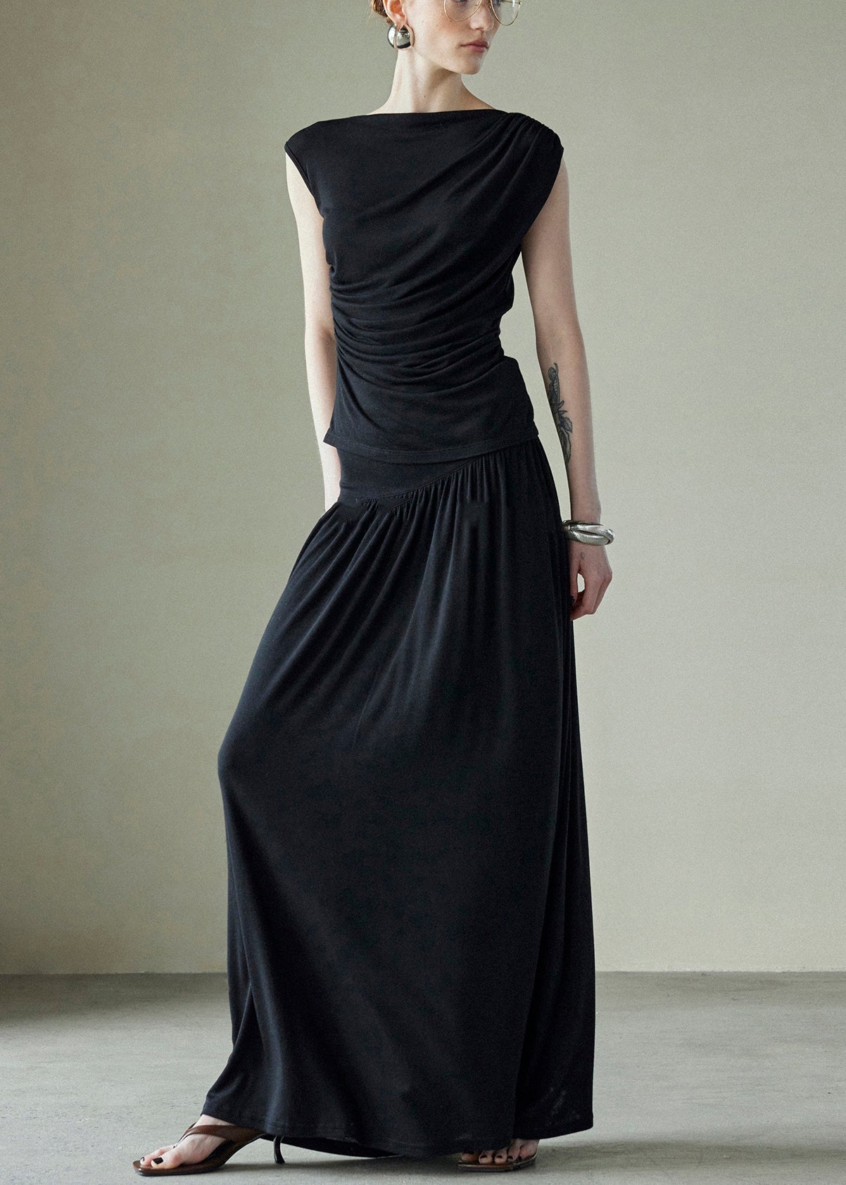 Solid Silk Black New Piece Two Sleeveless Set Cotton Wrinkled