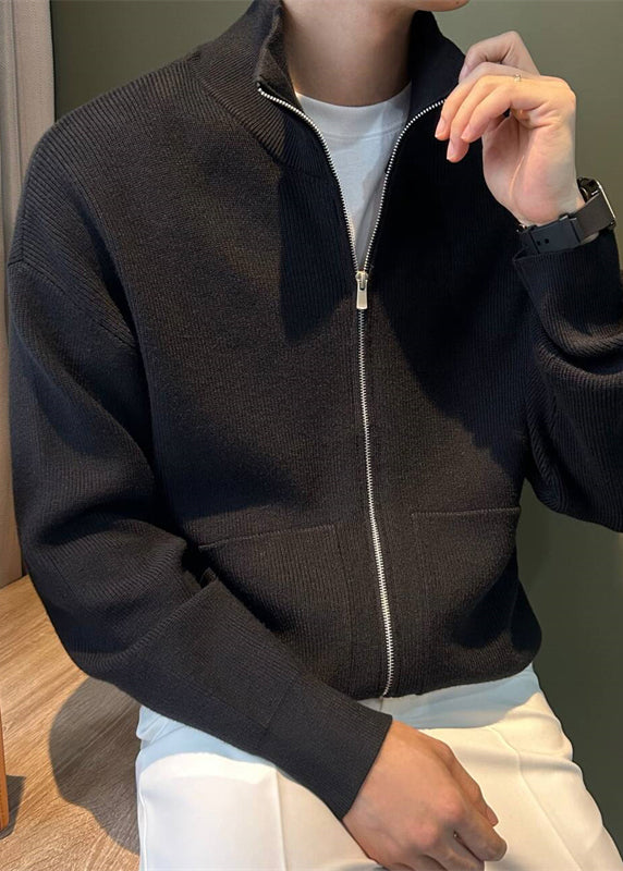 Mens Knit Coats Spring Pockets Up New Black Zip