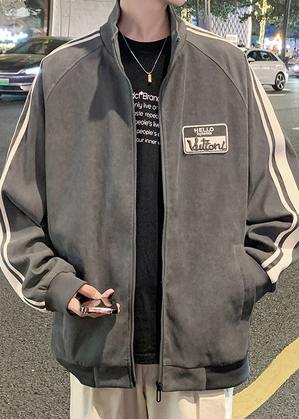 Black New Striped Spring Zip Cotton Men Up Coat