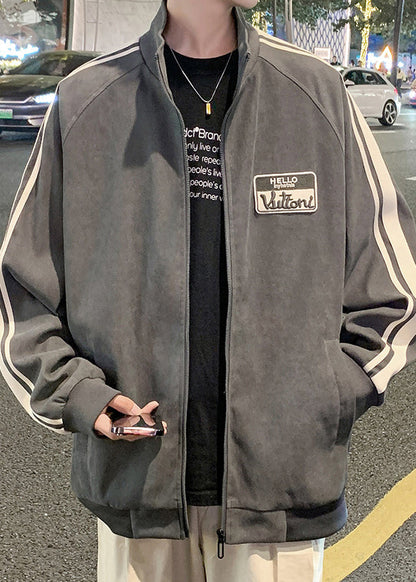 Black New Striped Spring Zip Cotton Men Up Coat