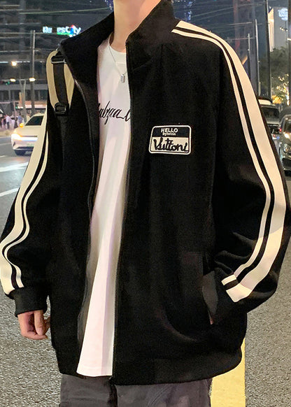 Black New Striped Spring Zip Cotton Men Up Coat