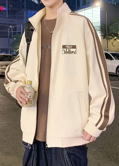 Black New Striped Spring Zip Cotton Men Up Coat