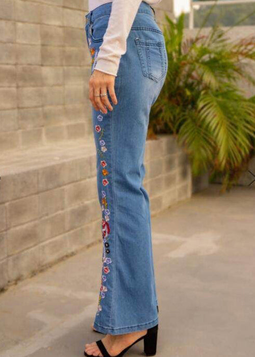 New Spring Waist Blue Denim Trousers Flared High Embroidered