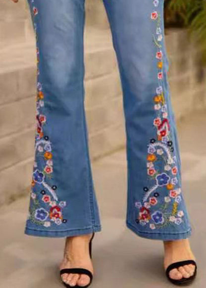 New Spring Waist Blue Denim Trousers Flared High Embroidered