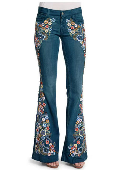 New Spring Waist Blue Denim Trousers Flared High Embroidered