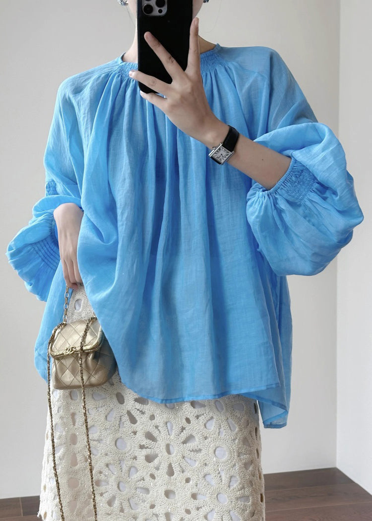 New Blue O-Neck Solid Cotton Shirt Lantern Sleeve AL1027