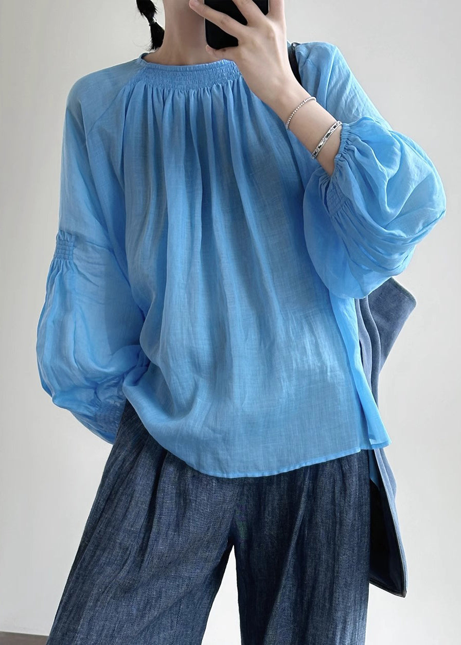 New Blue O-Neck Solid Cotton Shirt Lantern Sleeve AL1027