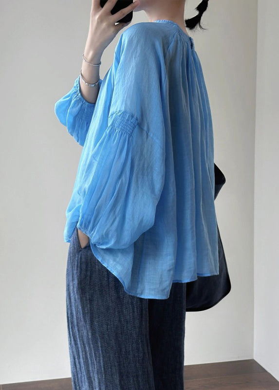 New Blue O-Neck Solid Cotton Shirt Lantern Sleeve AL1027