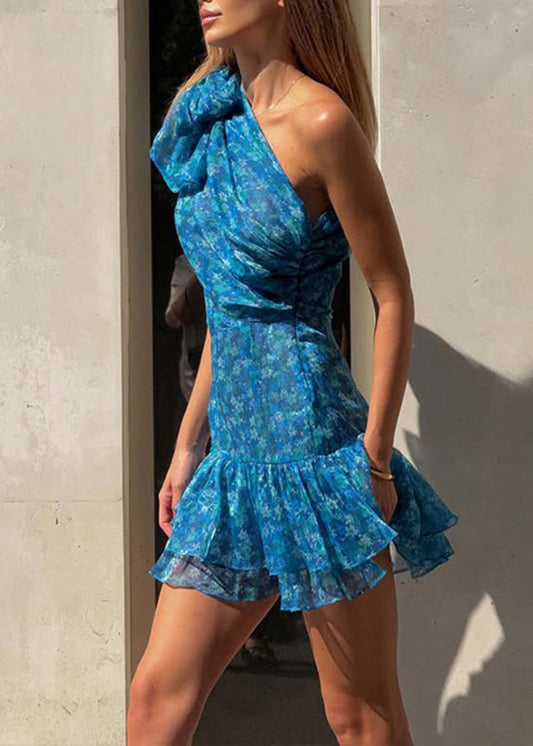 Dress Shoulder Ruffled New Blue Print Summer Chiffon One