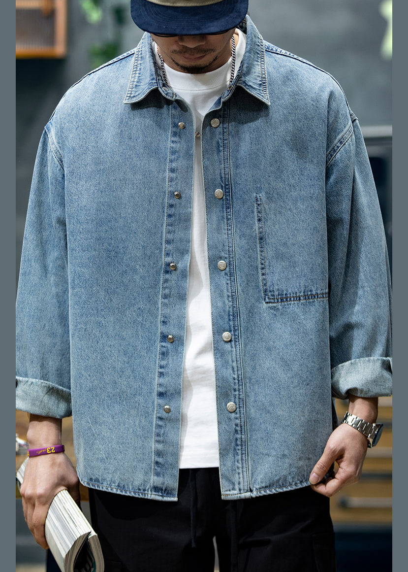 Collar Blue Denim Button Spring Shirt Men Peter Pan New