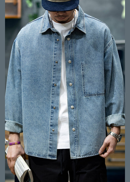 Collar Blue Denim Button Spring Shirt Men Peter Pan New