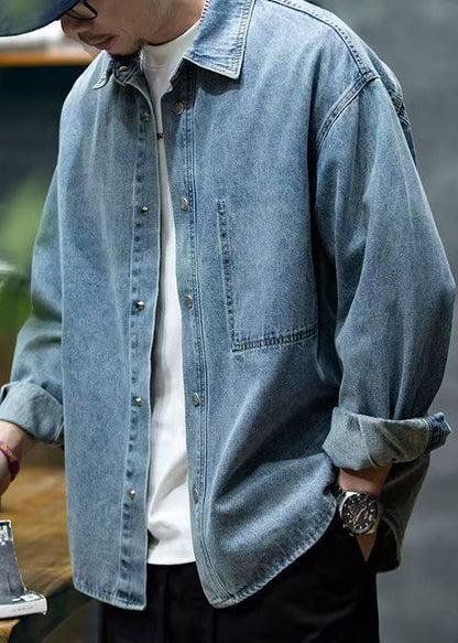 Collar Blue Denim Button Spring Shirt Men Peter Pan New