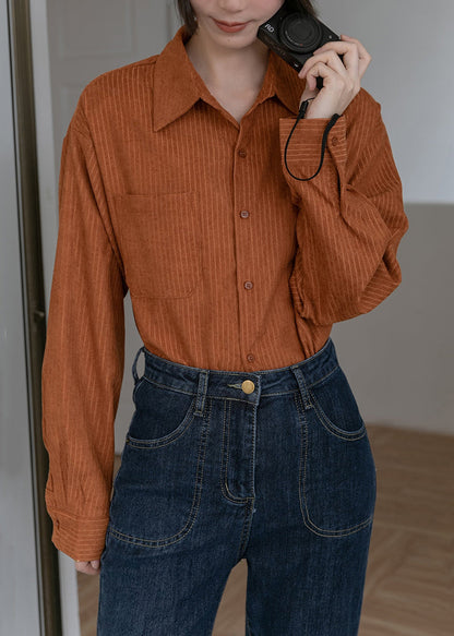 New Blue Peter Pan Collar Button Patchwork Corduroy Blouses Fall TU041