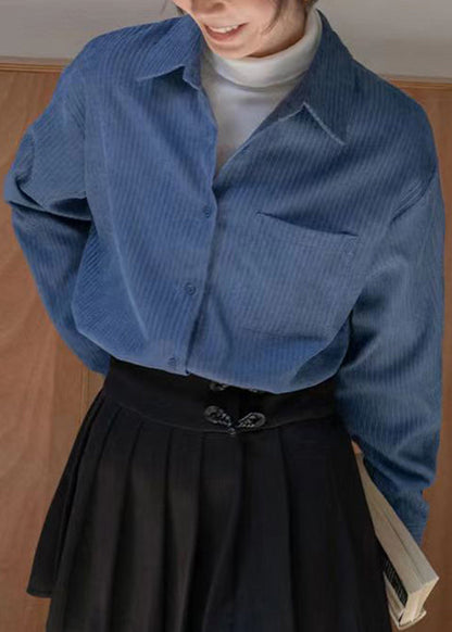 New Blue Peter Pan Collar Button Patchwork Corduroy Blouses Fall TU041